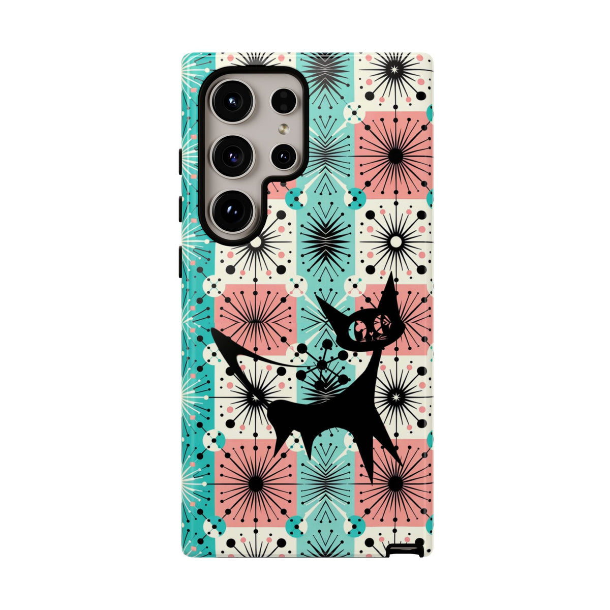 Atomic Kitschy Cat, Mid Century Modern Pink, Aqua Starbursts Tough Phone Case