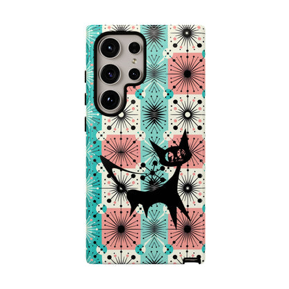 Atomic Kitschy Cat, Mid Century Modern Pink, Aqua Starbursts Tough Phone Case