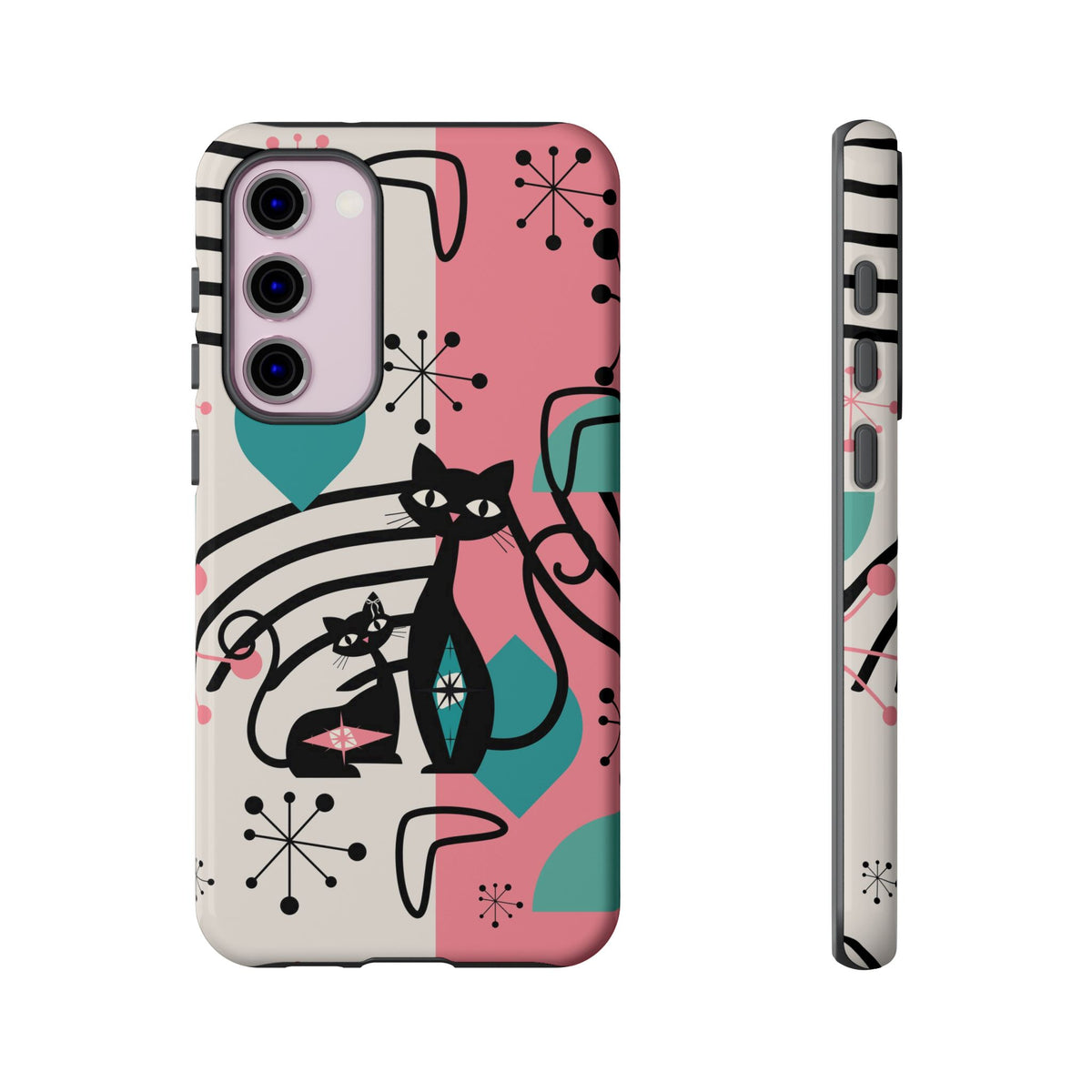 Mid Mod Atomic Cat Boomerang Starburst, Pink, Black Kitschy Stylish Cat Phone Case: Modern Design for Cat Lovers - Mid Century Modern Gal