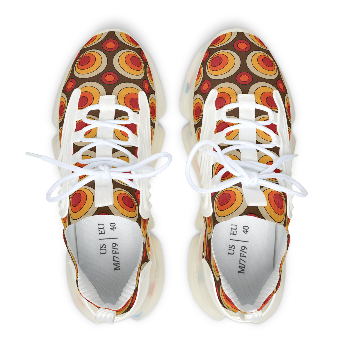 Retro Groovy Orbs, Brown, Orange Yellow Hip Style Women's Mesh Sneakers with Colorful Design - Mid Century Modern Gal