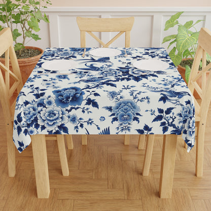 Chinoiserie Blue Willow, Floral Blue, Birds Tablecloth, Asian Infused, Elegant Table Linens