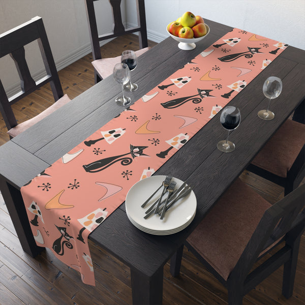 Atomic Cat Table Runner, Coral, Black White Kitties, Boomerang Pattern With Quirky Lamps, Mid Century Modern Table Decor