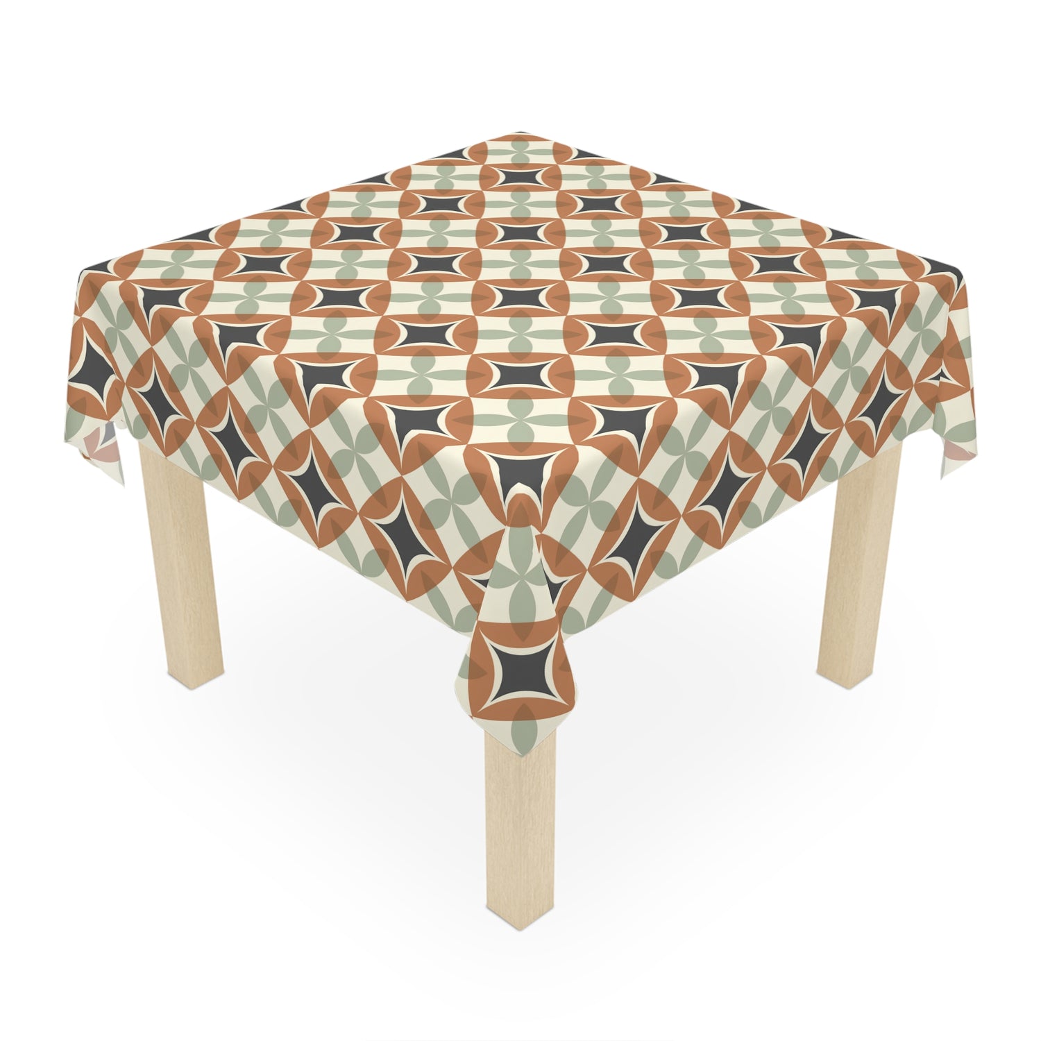 Mid Century Modern Interlocking Geometric, Terracotta Sage Charcoal Tablecloth - Mid Century Modern Gal