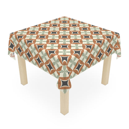 Mid Century Modern Interlocking Geometric, Terracotta Sage Charcoal Tablecloth - Mid Century Modern Gal