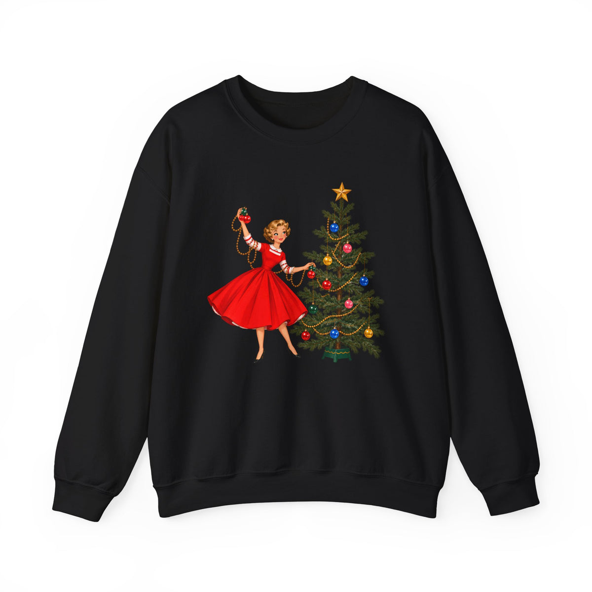Mid Century Modern Gal Decorating Christmas Tree Unisex Heavy Blend™ Crewneck Sweatshirt - Mid Century Modern Gal