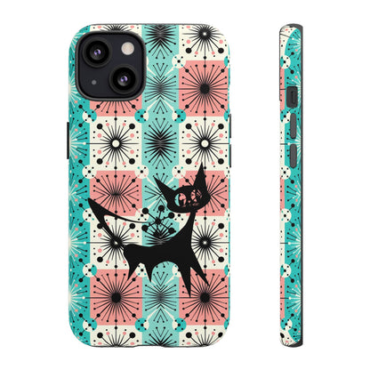 Atomic Kitschy Cat, Mid Century Modern Pink, Aqua Starbursts Tough Phone Case