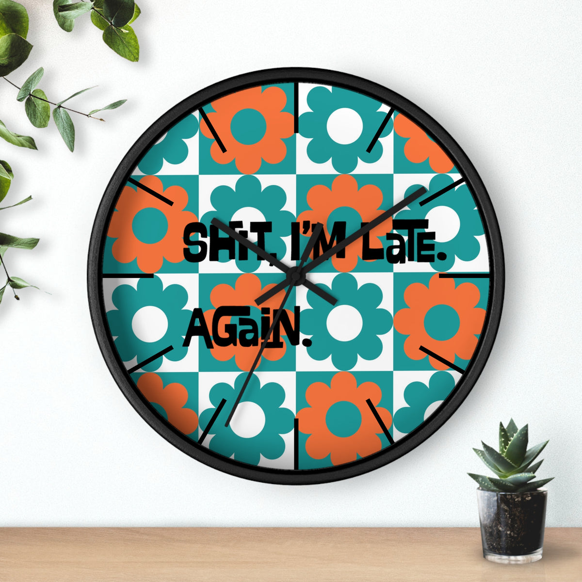 Retro Flower Clock, Funny I'm Late, Flower Power 70s Style Round Wall Clock - Mid Century Modern Gal