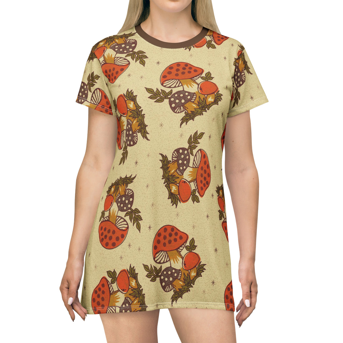 1970s Hippie Clothes, Vintage Merry Mushroom Groovy Retro Party, T-Shirt Dress