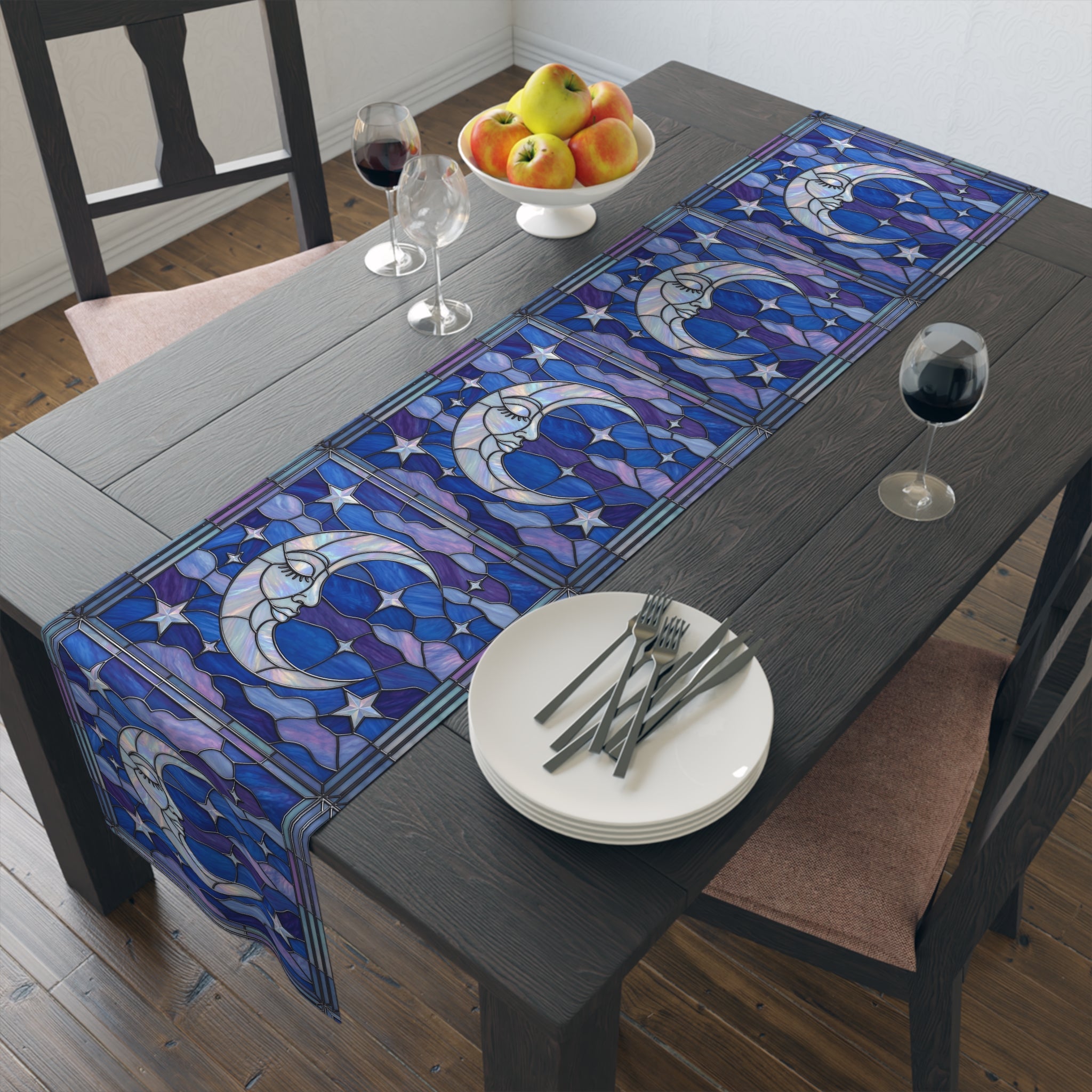 Halloween Stained Glass Style Night Sky Moon Stars Clouds Table Runner - Mid Century Modern Gal