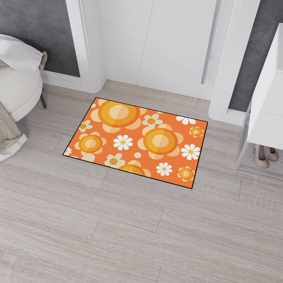Retro Floral Orange, White Mod Daisy Heavy Duty Floor Mat - Ideal for Home Décor and Entryways - Mid Century Modern Gal