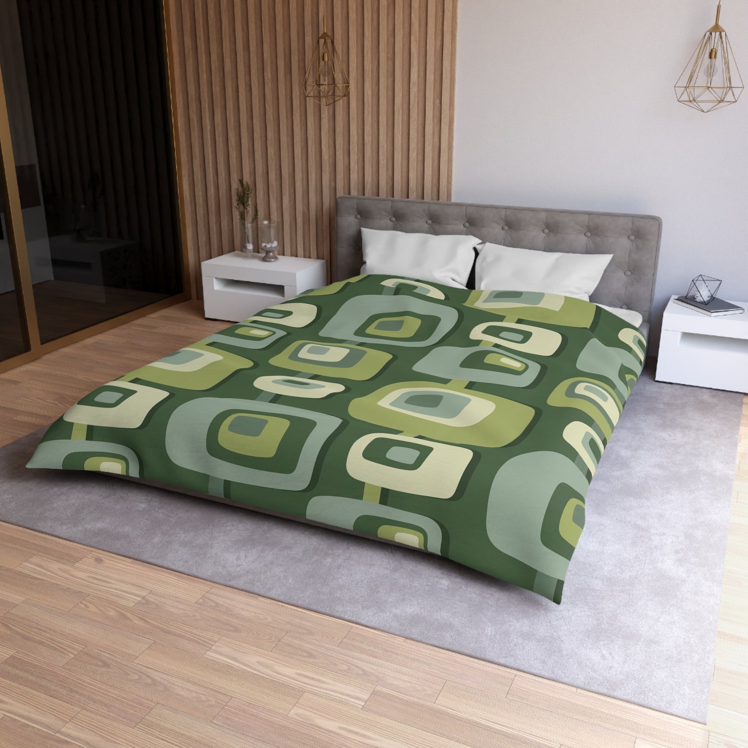 Mid Century Modern, Geometric, Groovy Green, Beige, Abstract, 60s 70s Retro, Mid Mod, MCM Duvet Cover - Mid Century Modern Gal