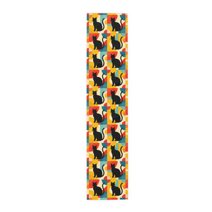 Pop Art Black Atomic Cats, Red Blue Yellow, Table Runner - Mid Century Modern Gal