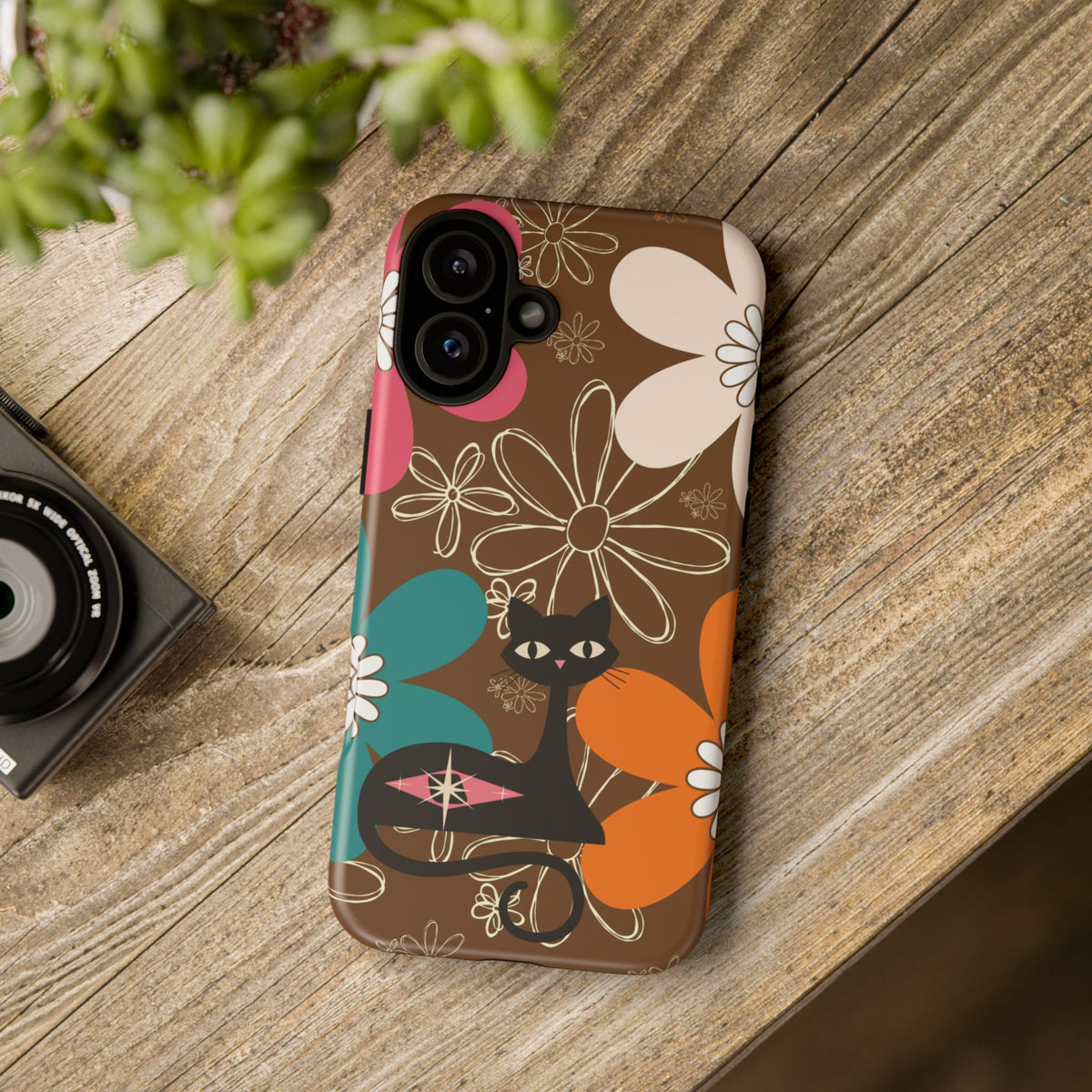 Atomic Cat Retro 70s Vibe Flower Power Tough Cases: Cute Floral and Cat Phone Case for Cat Lovers
