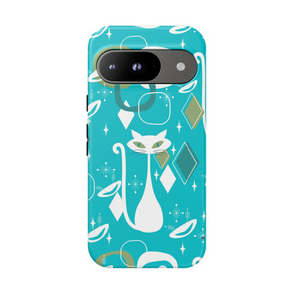 Atomic Cat Space Designs, Mid Century Modern, Aqua, White Kitschy Cat Tough Phone Case