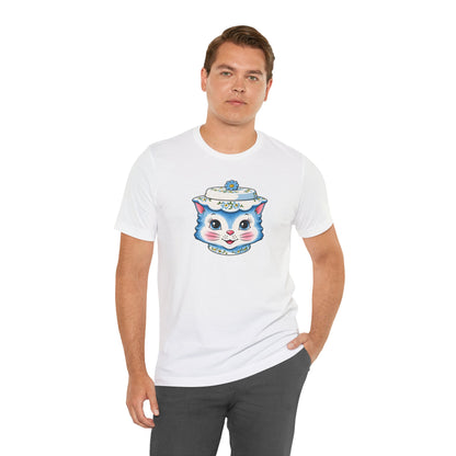 Mid Century Modern Kitschy Anthropomorphic Blue Cat with Floral Hat Unisex T-Shirt