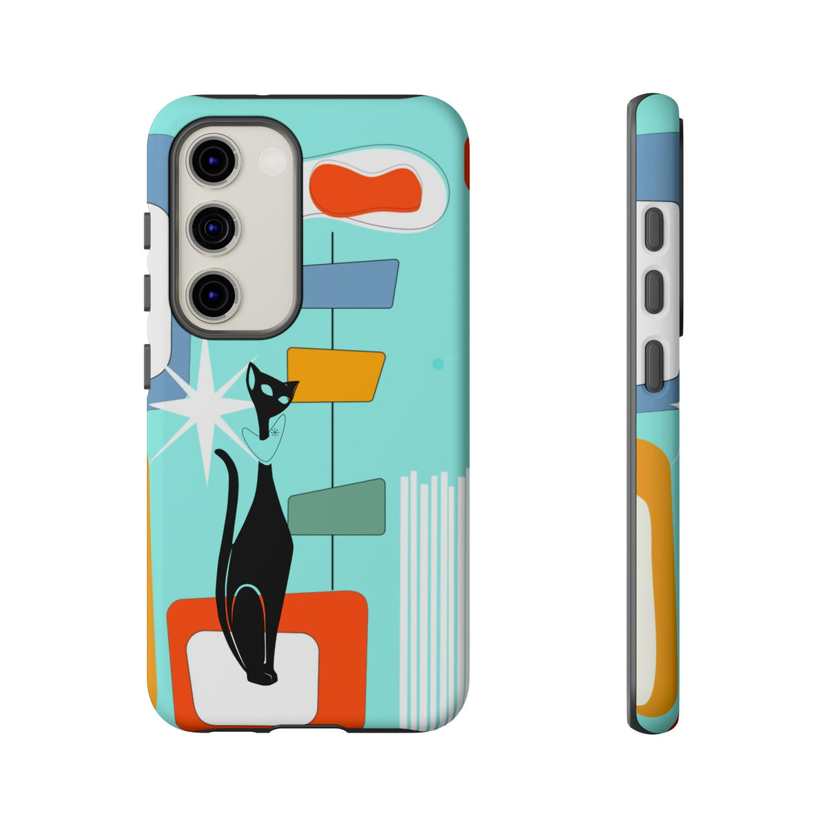 Atomic Cat, Mid Mod Aqua Blue, Geometric, Samsung, Google Pixel, Apple iPhone Tough Cases - Mid Century Modern Gal