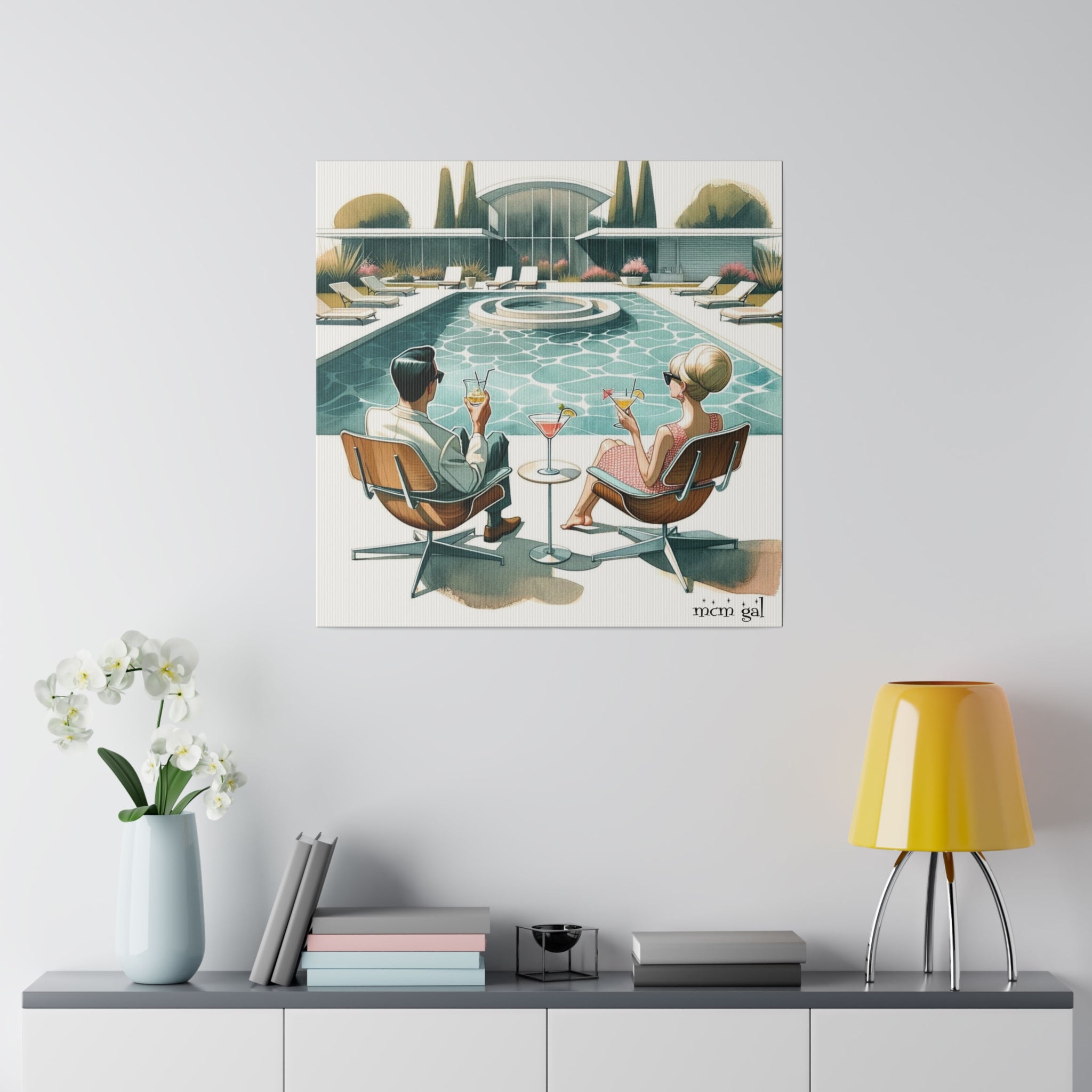 Palm Springs California, Pool, Cocktails, 50s Style Mid Century Modern Wall Art Canvas