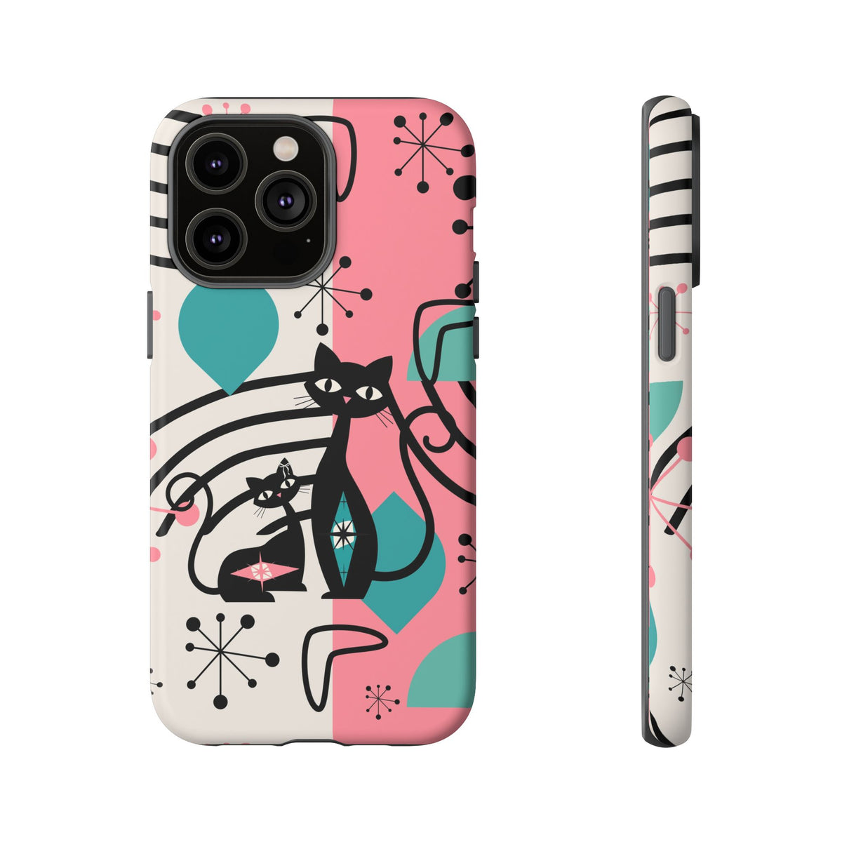 Mid Mod Atomic Cat Boomerang Starburst, Pink, Black Kitschy Stylish Cat Phone Case: Modern Design for Cat Lovers - Mid Century Modern Gal