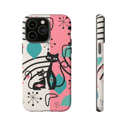 Mid Mod Atomic Cat Boomerang Starburst, Pink, Black Kitschy Stylish Cat Phone Case: Modern Design for Cat Lovers - Mid Century Modern Gal