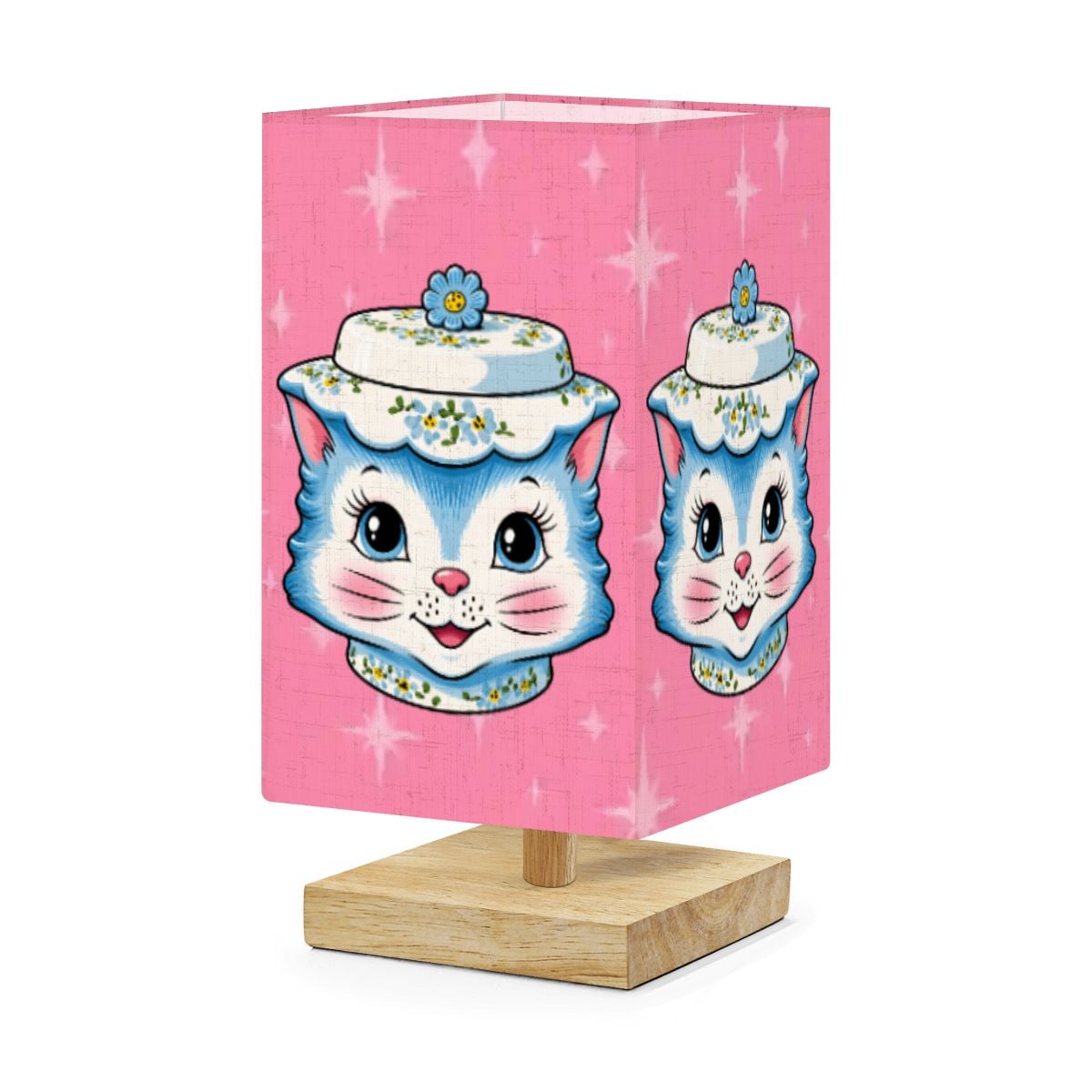 Mid Century Modern Kitschy Anthropomorphic Blue Cat with Floral Hat Square Table Lamp - Mid Century Modern Gal