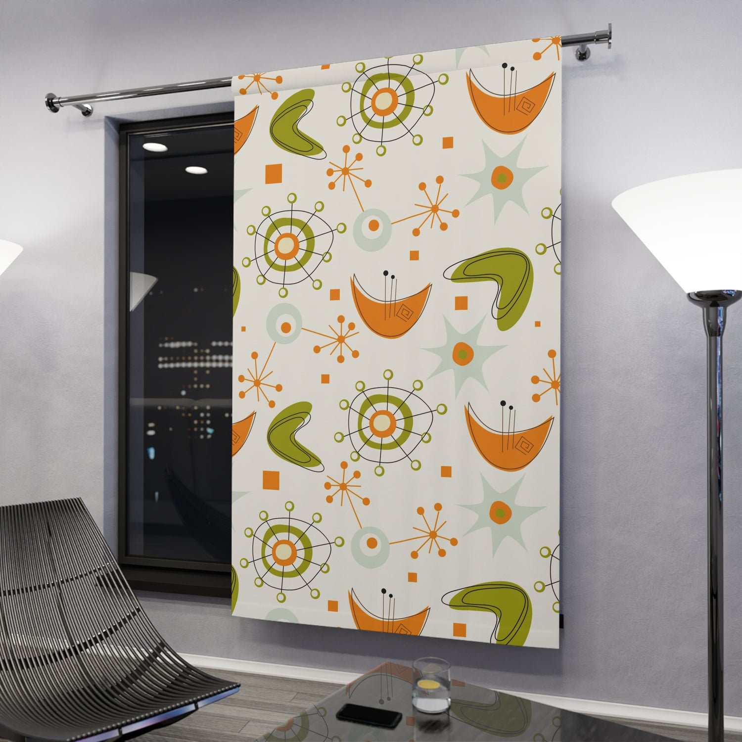 Mid Century Modern Atomic Boomerang Starbursts, Orange Green Retro Modern Window Curtain - Mid Century Modern Gal