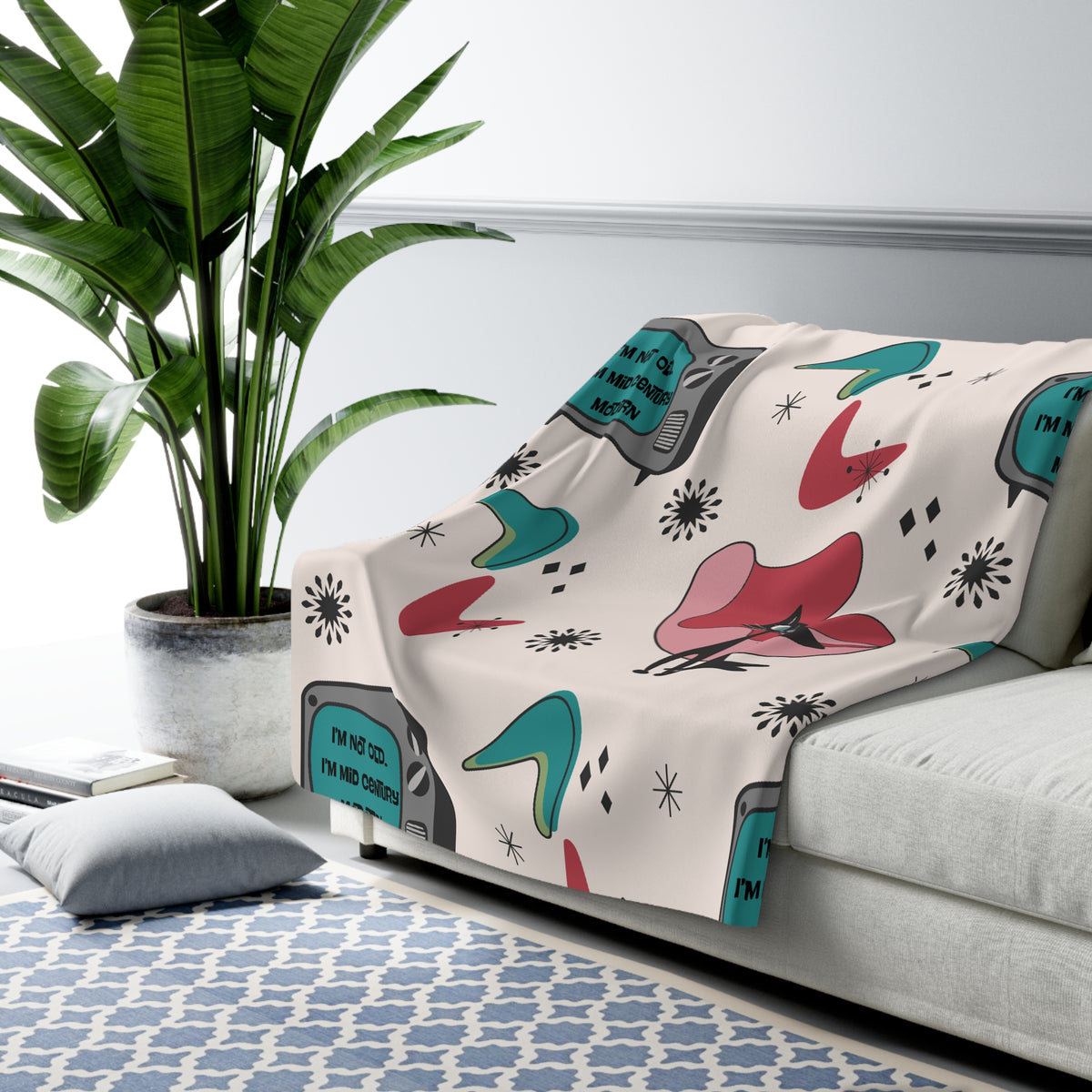Atomic Cat Mid Century Modern Kitschy Quirky Milestone Birthday, I'm Not Old, I'm Mid Century Modern, Gift For Her Sherpa Fleece Blanket - Mid Century Modern Gal