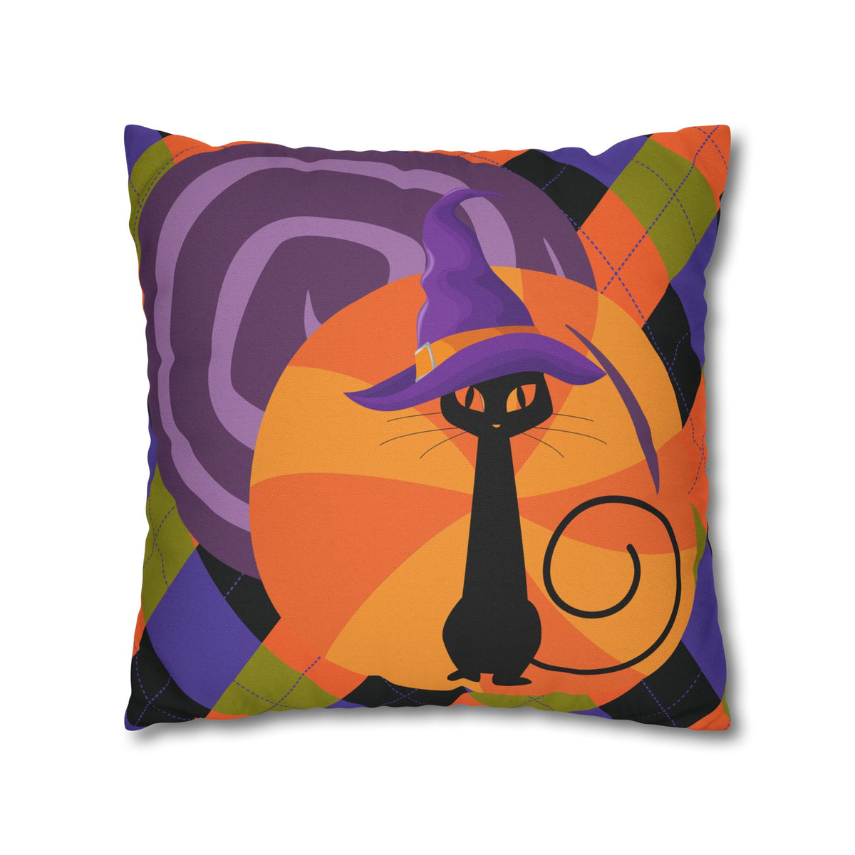 Atomic Cat Harlequin Pattern Orange Purple Black, Kitschy Halloween Pillow Cover - Mid Century Modern Gal