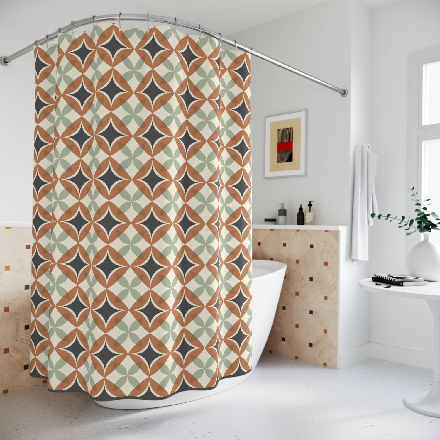 Mid Century Modern Interlocking Geometric, Terracotta Sage Charcoal Shower Curtain - Mid Century Modern Gal