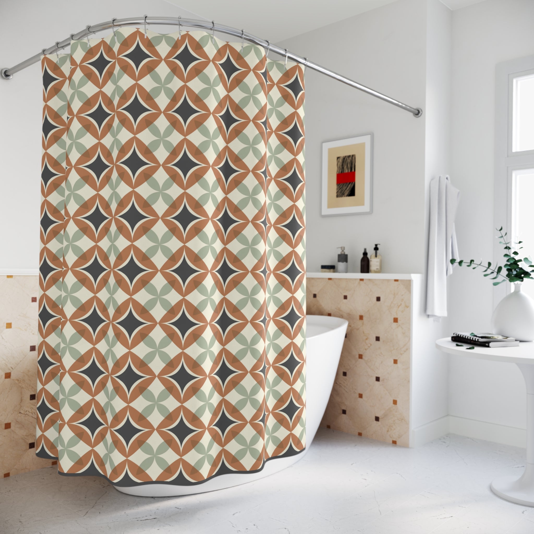 Mid Century Modern Interlocking Geometric, Terracotta Sage Charcoal Shower Curtain - Mid Century Modern Gal