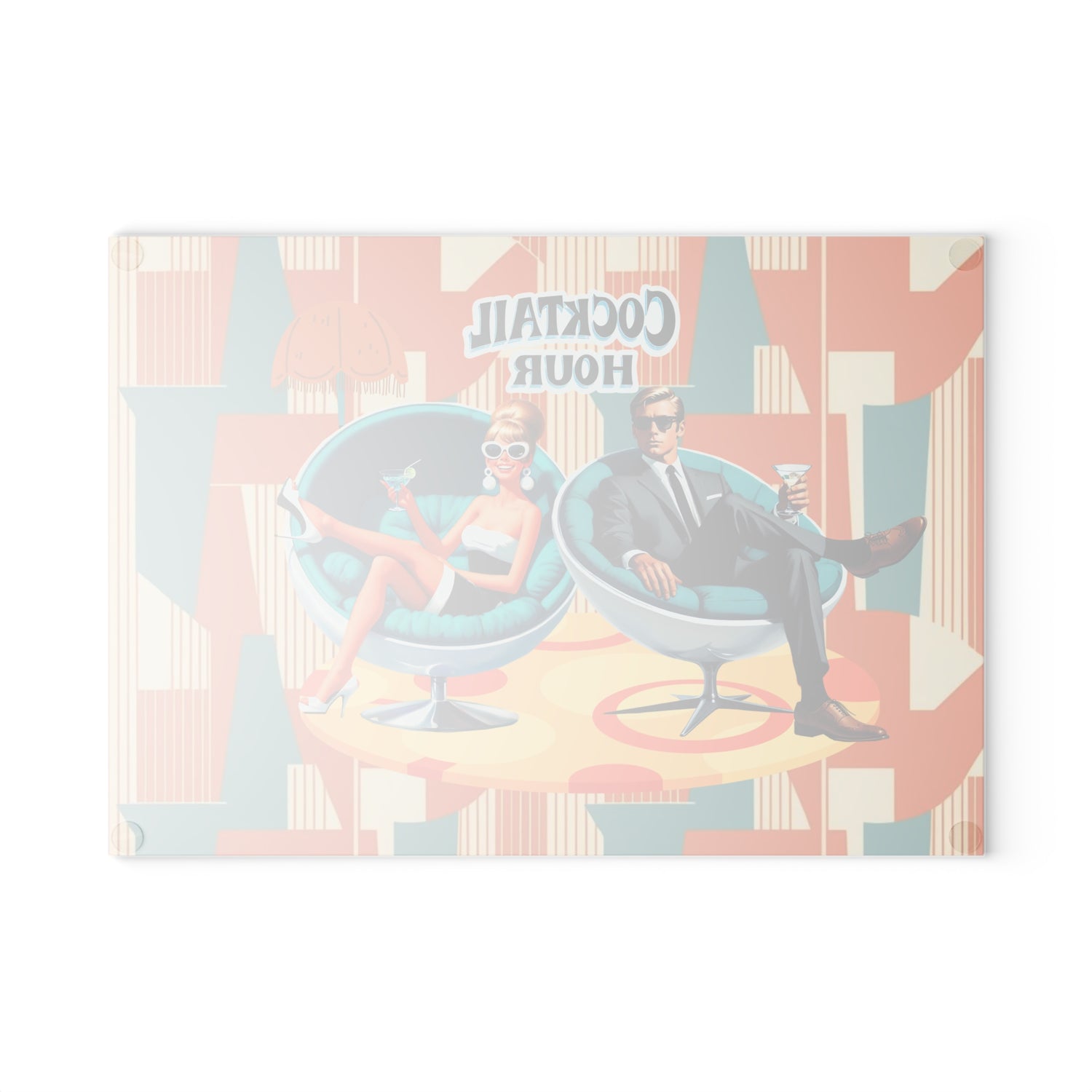 Mid Century Modern Barware Tabletop Glass Cutting Board With Mod 60s Couple,Retro Cocktail Hour - Mid Century Modern Gal