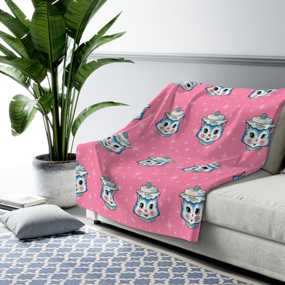 Mid Century Modern Kitschy Anthropomorphic Blue Cat with Floral Hat Sherpa Fleece Blanket - Mid Century Modern Gal