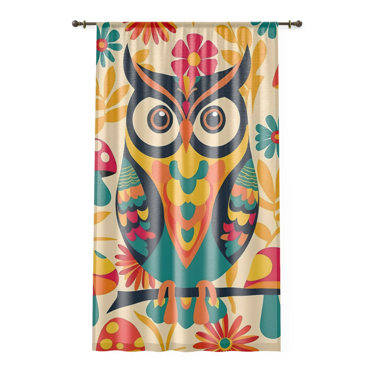 Retro 70s Owl Decor, Colorful Musrhoom Groovy Owl Window Curtain - Vibrant Floral Design for Home Décor - Mid Century Modern Gal