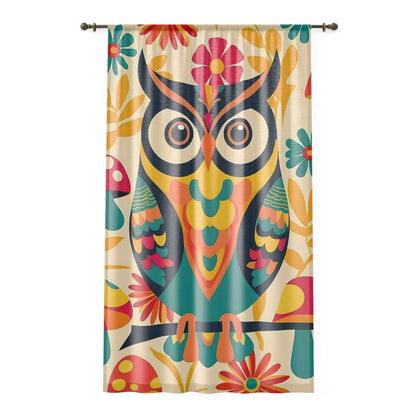 Retro 70s Owl Decor, Colorful Musrhoom Groovy Owl Window Curtain - Vibrant Floral Design for Home Décor - Mid Century Modern Gal