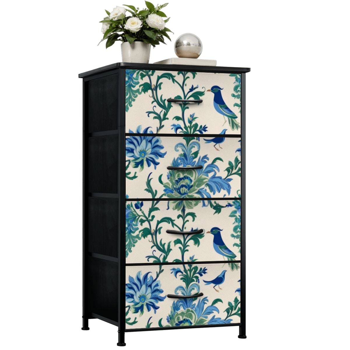 Chinoiserie Botanical Garden Birds, Blue, Green Asian Inspired Modern 4-Drawer Dresser - Mid Century Modern Gal