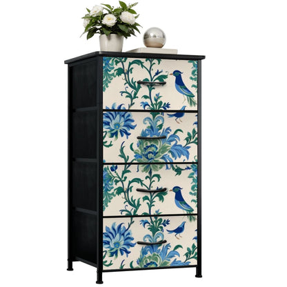 Chinoiserie Botanical Garden Birds, Blue, Green Asian Inspired Modern 4-Drawer Dresser - Mid Century Modern Gal