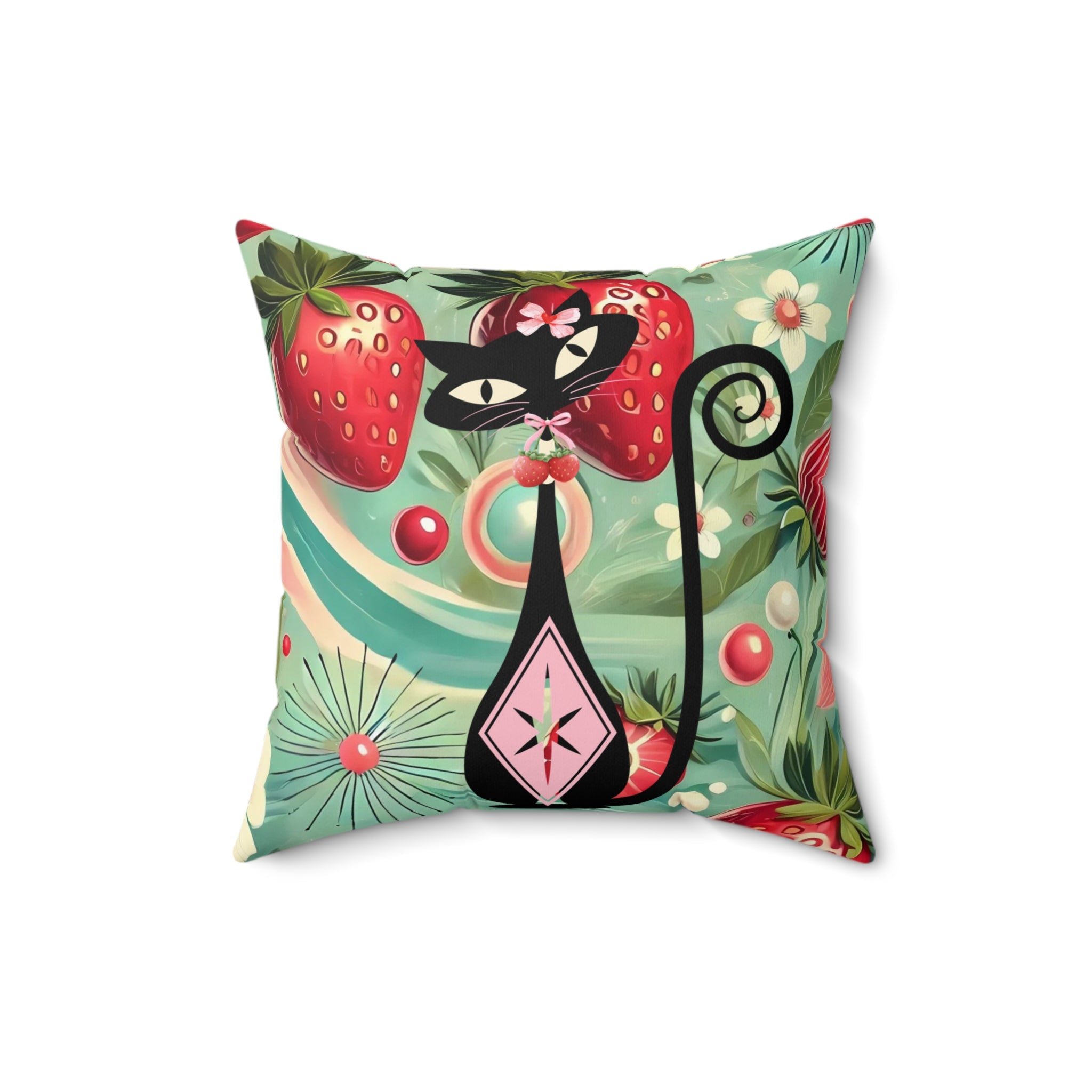 Whimsical Atomic Cat &amp; Strawberry Decorative Pillow - Cozy Home Accent - Mid Century Modern Gal