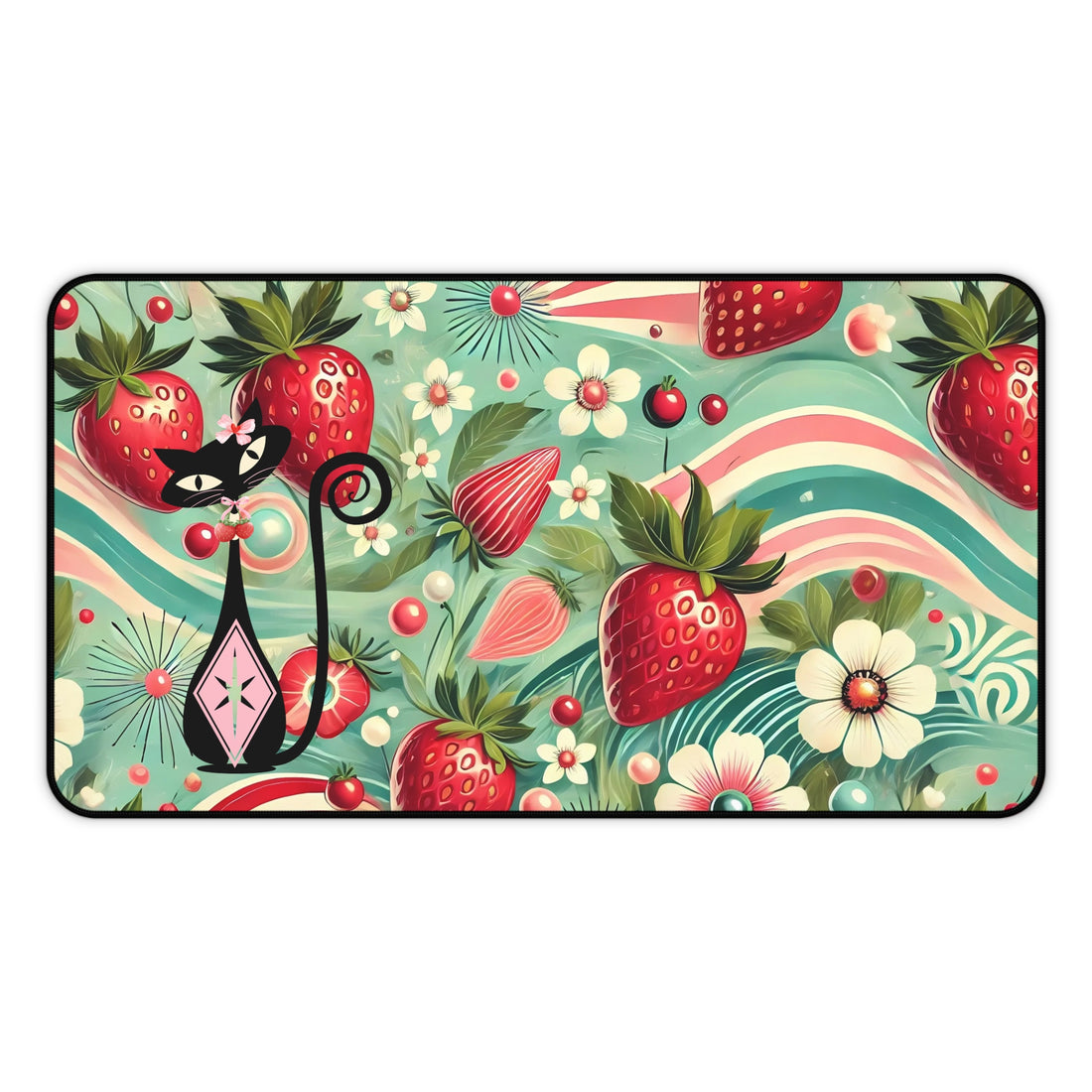 Atomic Cat Retro Strawberry Groovy Colorful Strawberry Cat Desk Mat - Fun Floral Office Decor - Mid Century Modern Gal