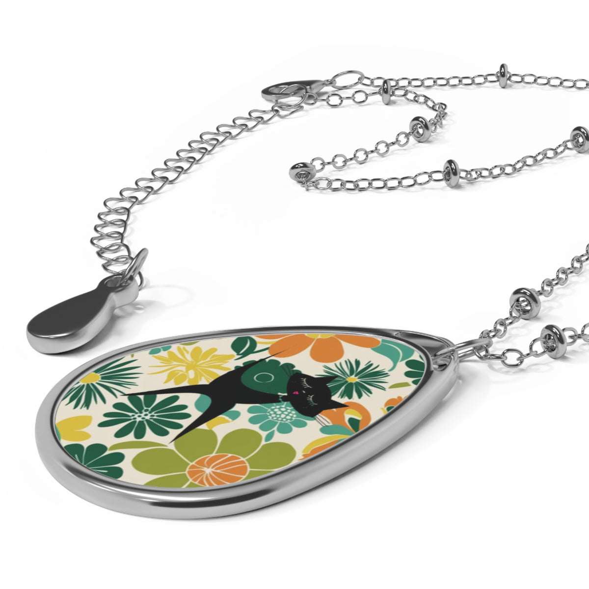Retro 70s Flower Power Atomic Cat Mid Mod Floral Teardrop Oval Necklace - Mid Century Modern Gal