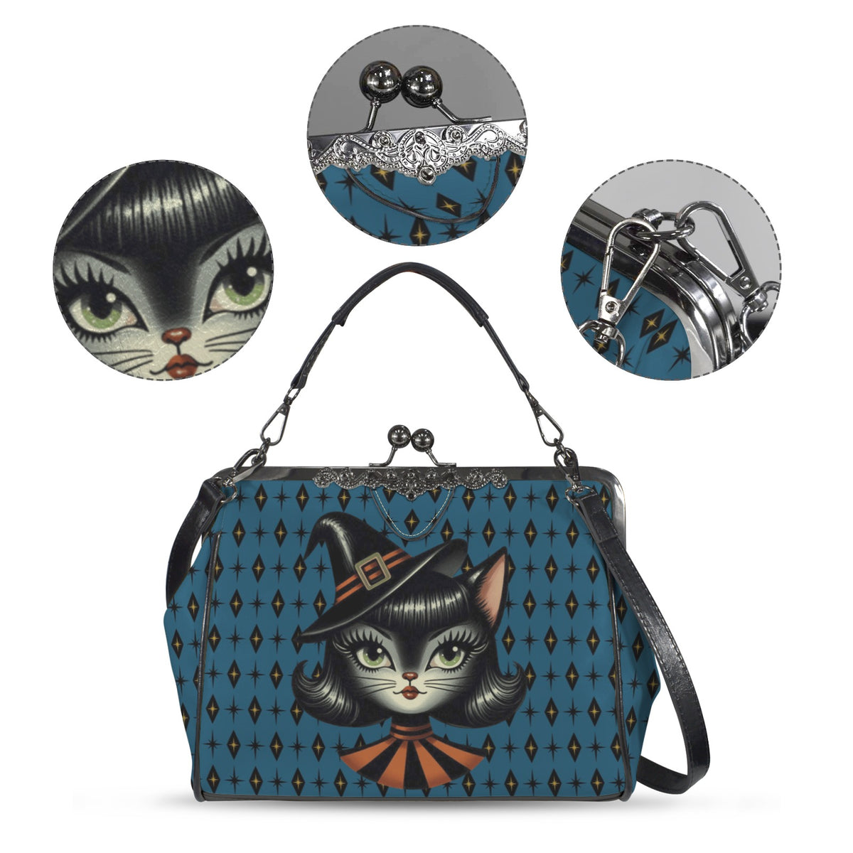 Vintage Halloween Black Cat Sexy Sexton Mid Century Modern Blue Kisslock Crossbody Purse - Mid Century Modern Gal