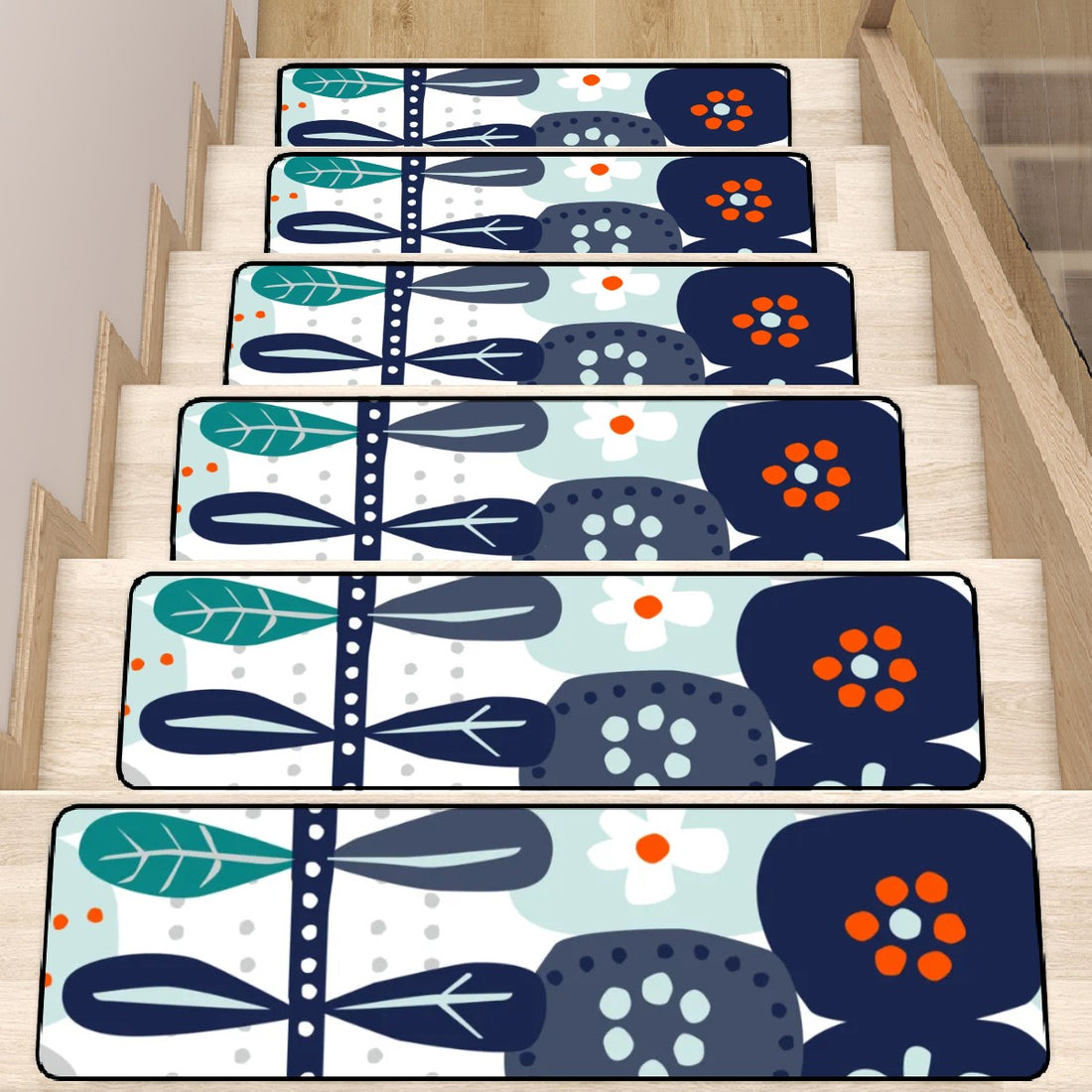 Mid Century Modern Hygge Modern Danish Blue, Orange Non Slip Carpet for Stairs Treads - Mid Century Modern Gal