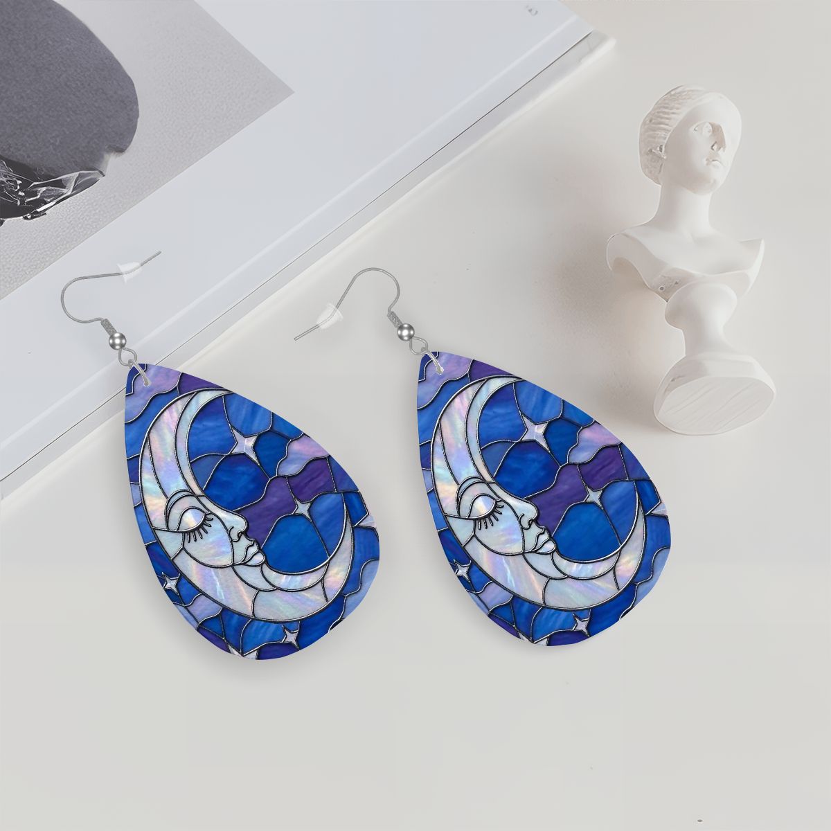 Halloween Stained Glass Style Night Sky Moon Stars Clouds Vegan Leather Teardrop Earrings - Mid Century Modern Gal