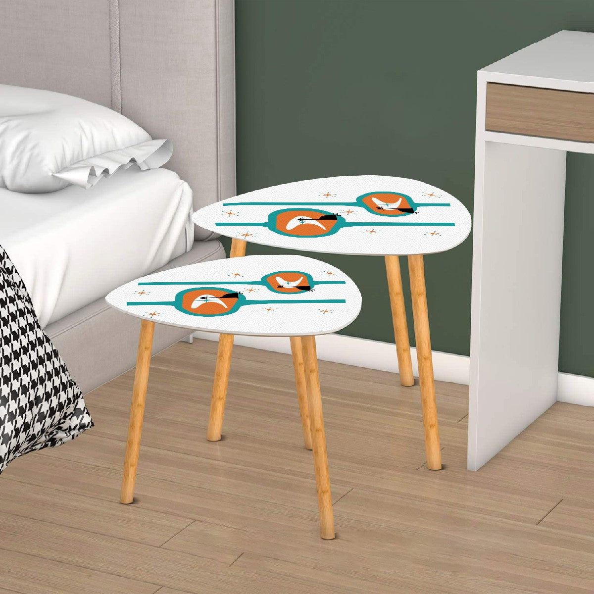 Mid Century Atomic Cats, Mod Orange, Teal Minimalist Modernist Nesting Tables - Mid Century Modern Gal