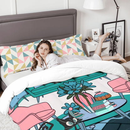Mid Century Modern Atomic Kitschy Cats, Retro Fun And Quirky Queen Comforter Set - Mid Century Modern Gal
