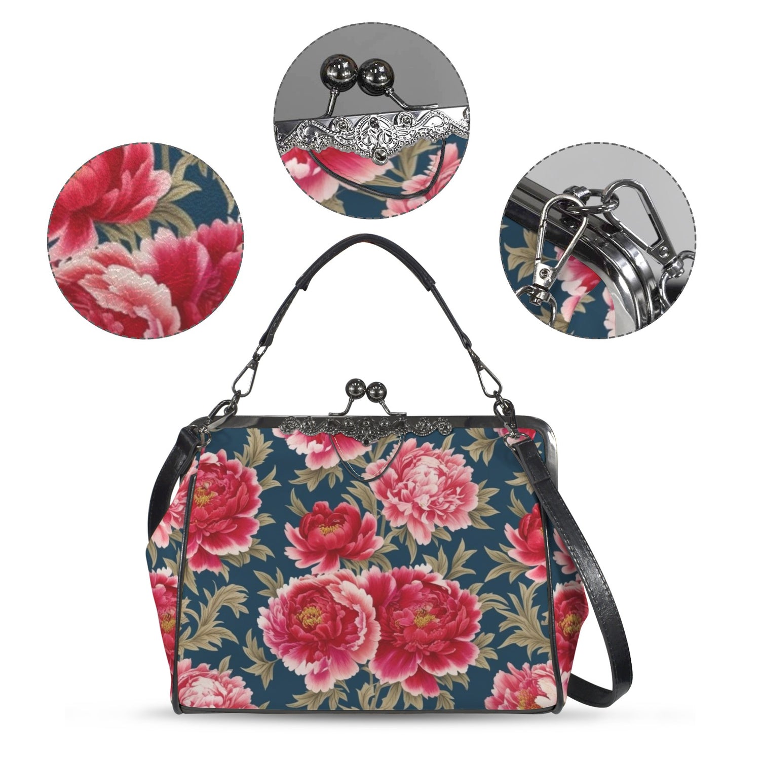 Modern Chinoiserie Royal Blue, Pink Red Floral Kisslock Crossbody Purse - Mid Century Modern Gal