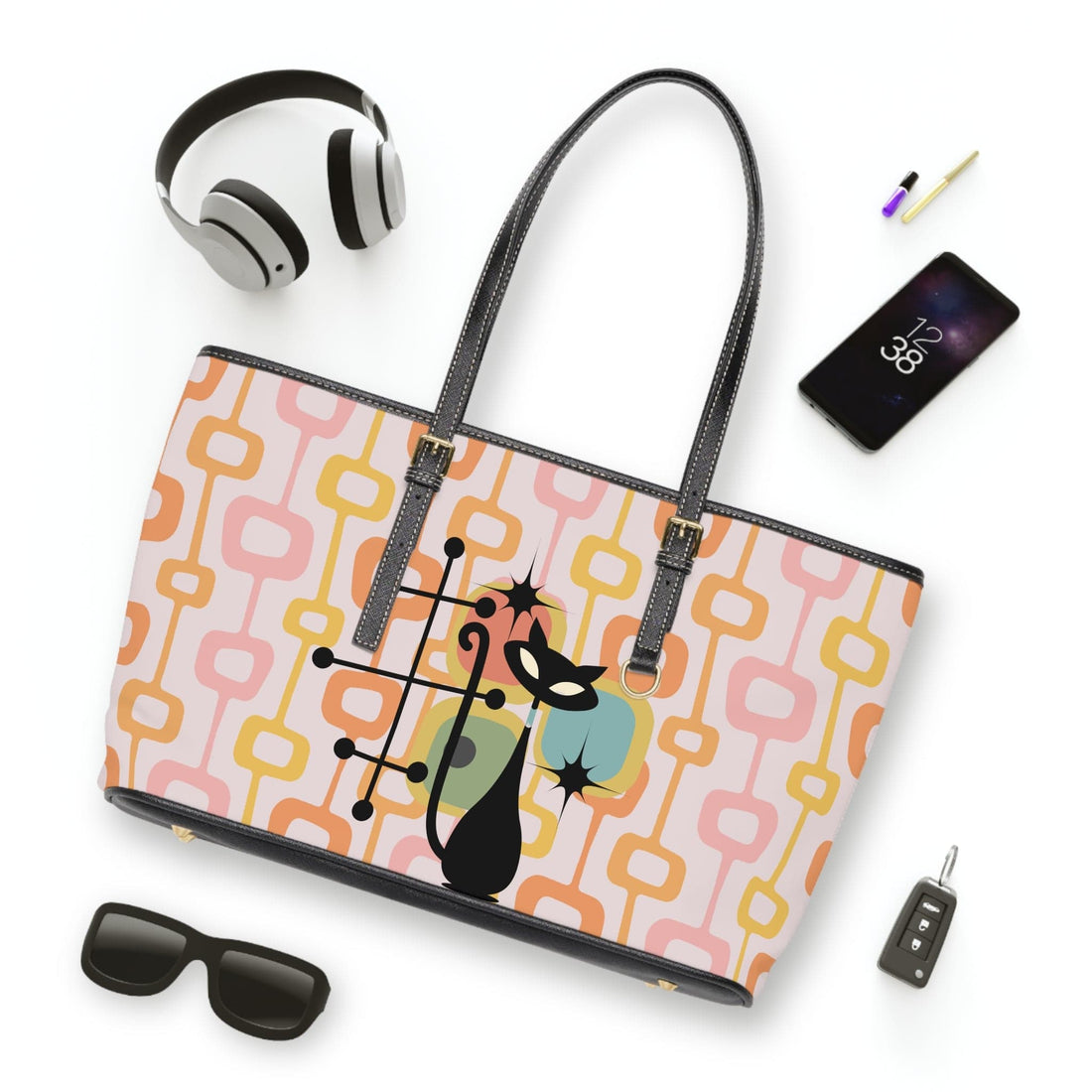 Atomic Cat, Mid Century Mod, Geometric Orange, Pink, Retro Shoulder Bag Bags 17&quot; x 11&quot; / Black