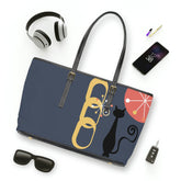 Atomic Cat, Midnight Blue, Mid Century Modern Style Leather Shoulder Bag Bags 17" x 11" / Black Mid Century Modern Gal