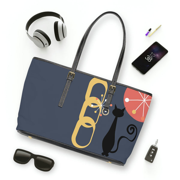 Atomic Cat, Midnight Blue, Mid Century Modern Style Leather Shoulder Bag