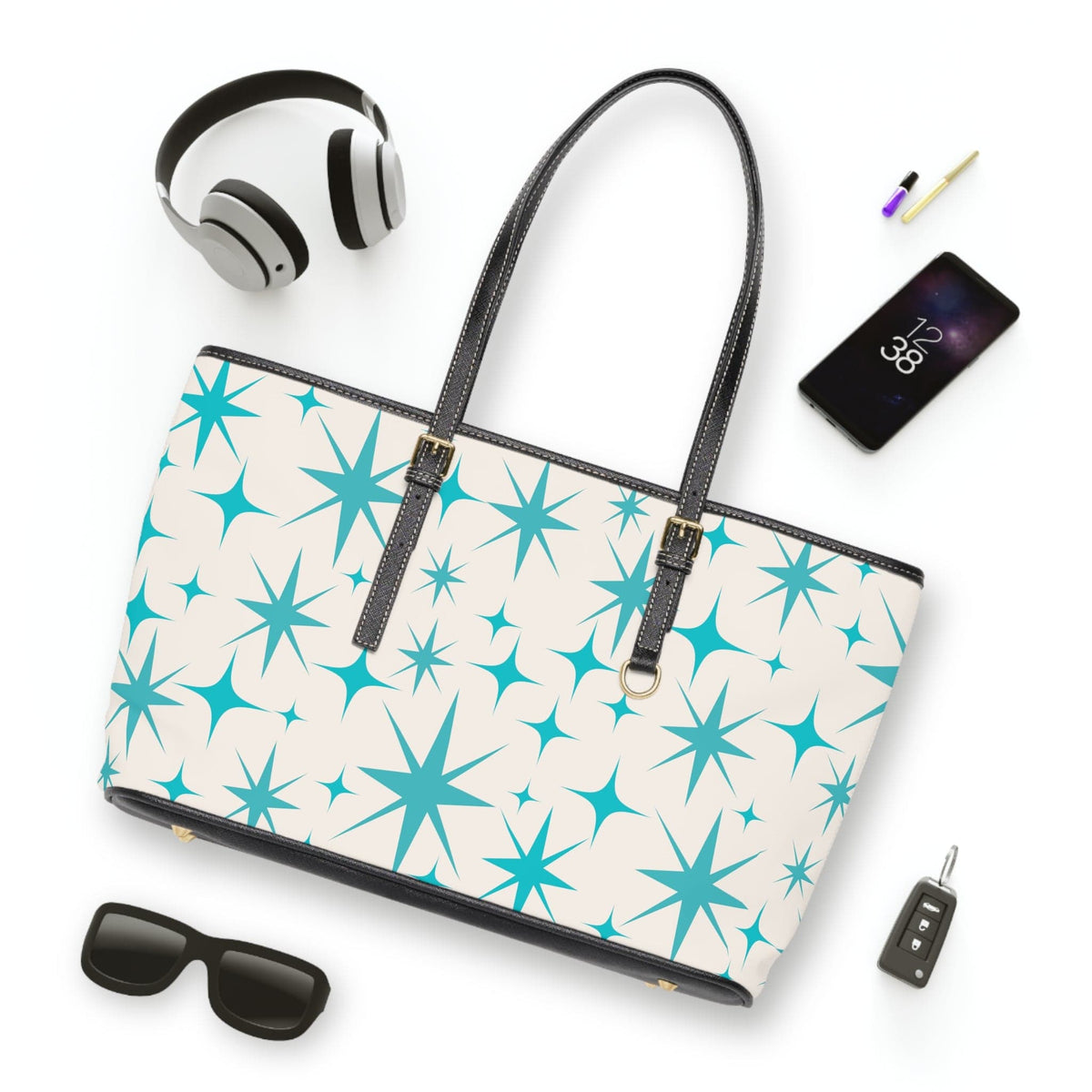 Atomic Starbust, Mid Mod Retro Creamy Vanilla, Aqua Blue Shoulder Bag Bags 17" x 11" / Black