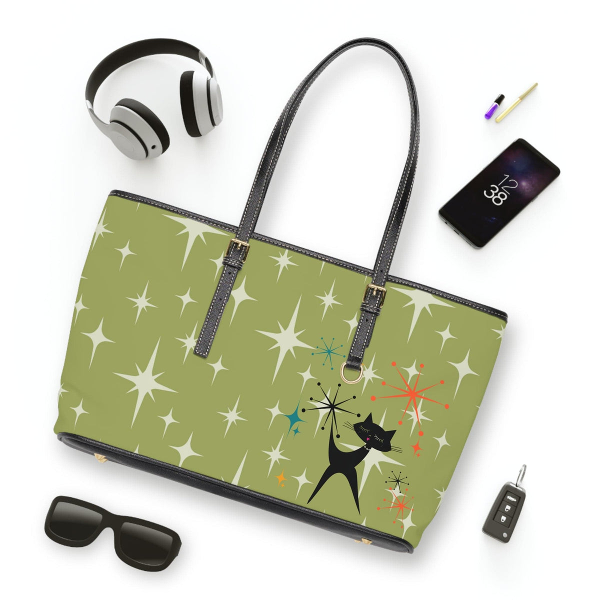Mid Century Atomic Starburst Green, Atomic Kitschy Cat, Retro  Shoulder Bag Bags 17" x 11" / Black