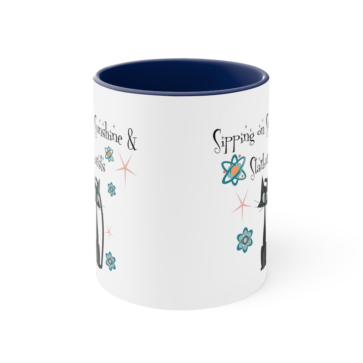 Atomic Cat Coffee Mug, Sipping On Sunshine, Mid Century Modern Style, Atoms, Starbursts Gifts For Couples, Mom, Mid Mod Friend - Mid Century Modern Gal